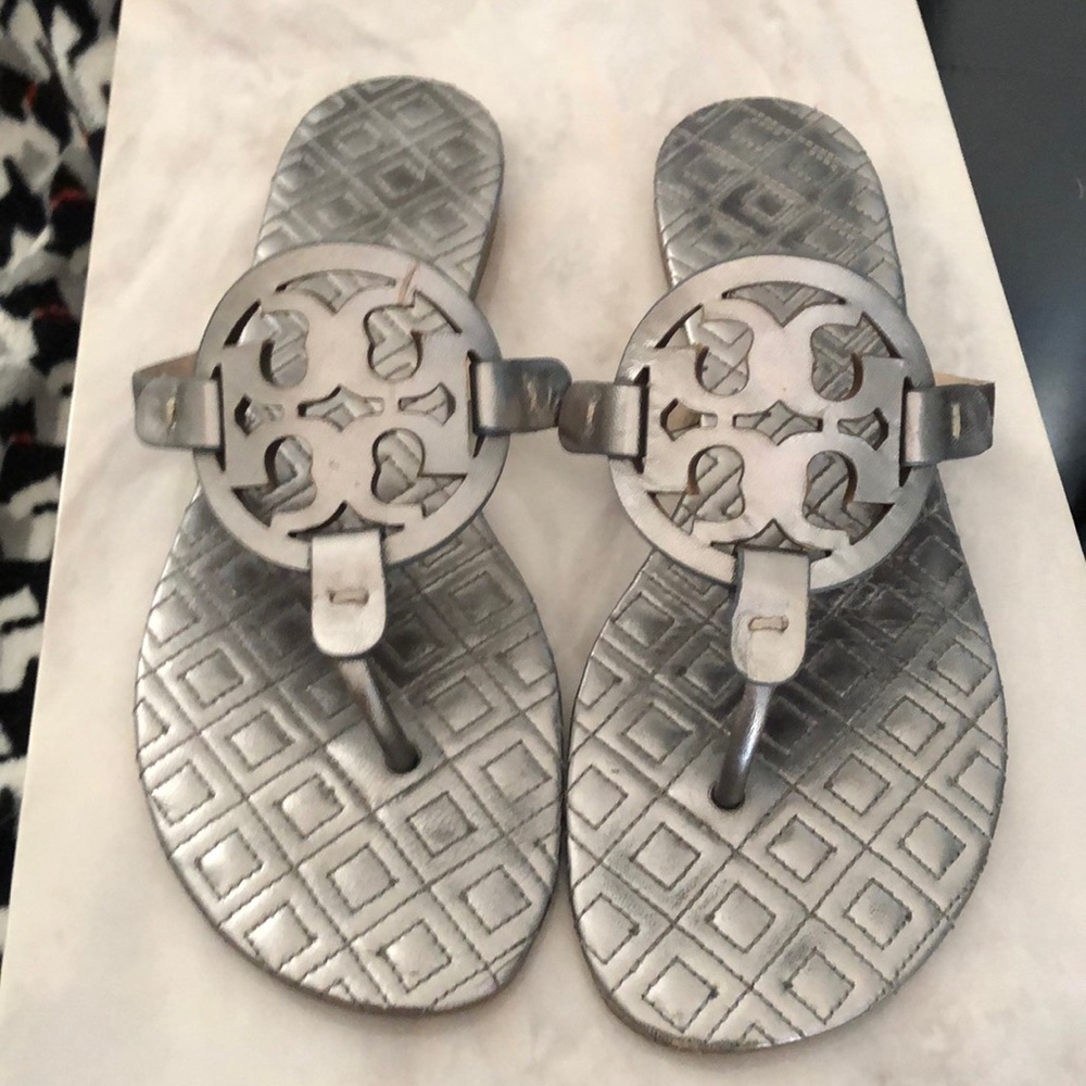 Tory Burch Metallic Marion Quilted Miller-Light Grained Metal Sandals